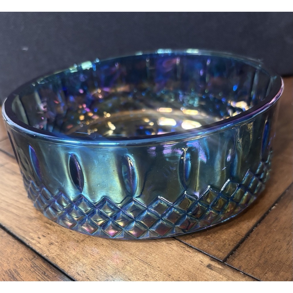 Indiana Iridescent Blue Windsor Carnival Candy Dish Bowl NO LID SMALL CHIP READ